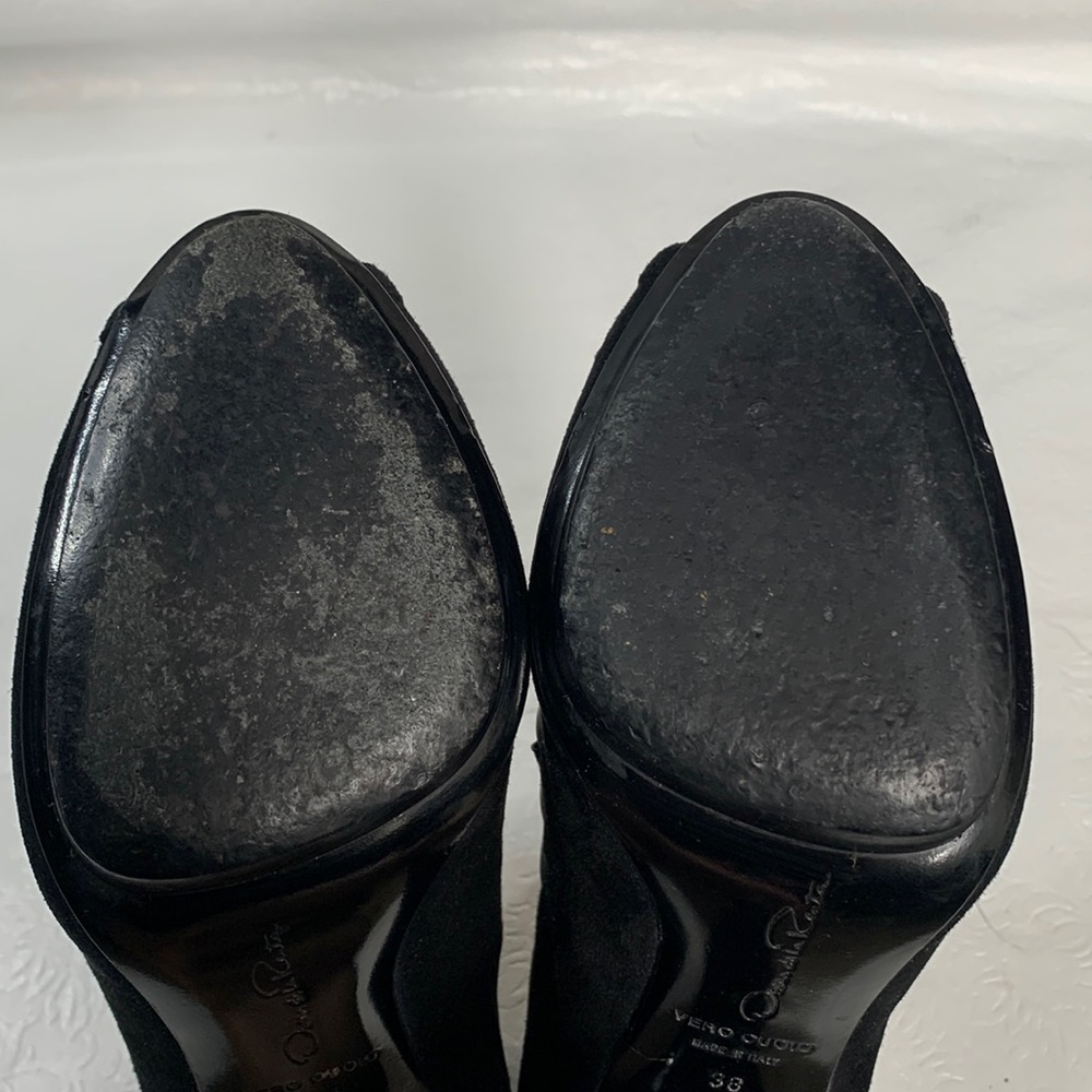 Oscar de la Renta‎ Suede & Satin Peep Toe Booties - Picture 6 of 8